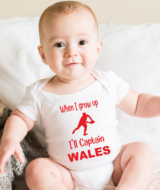 When Grow Up Captain Wales Funny Babygrow Welsh Rugby Bodysuit Baby Gift