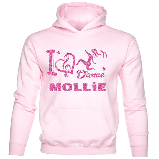 Kids I Love Dance Customised Hoodie Mollie Pink Glitter Ballet Hip Hop Street