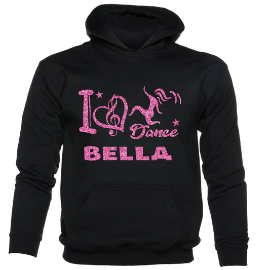 Girls I Love Dance Customised Hoodie Bella In Pink Glitter Ballet Dance Class