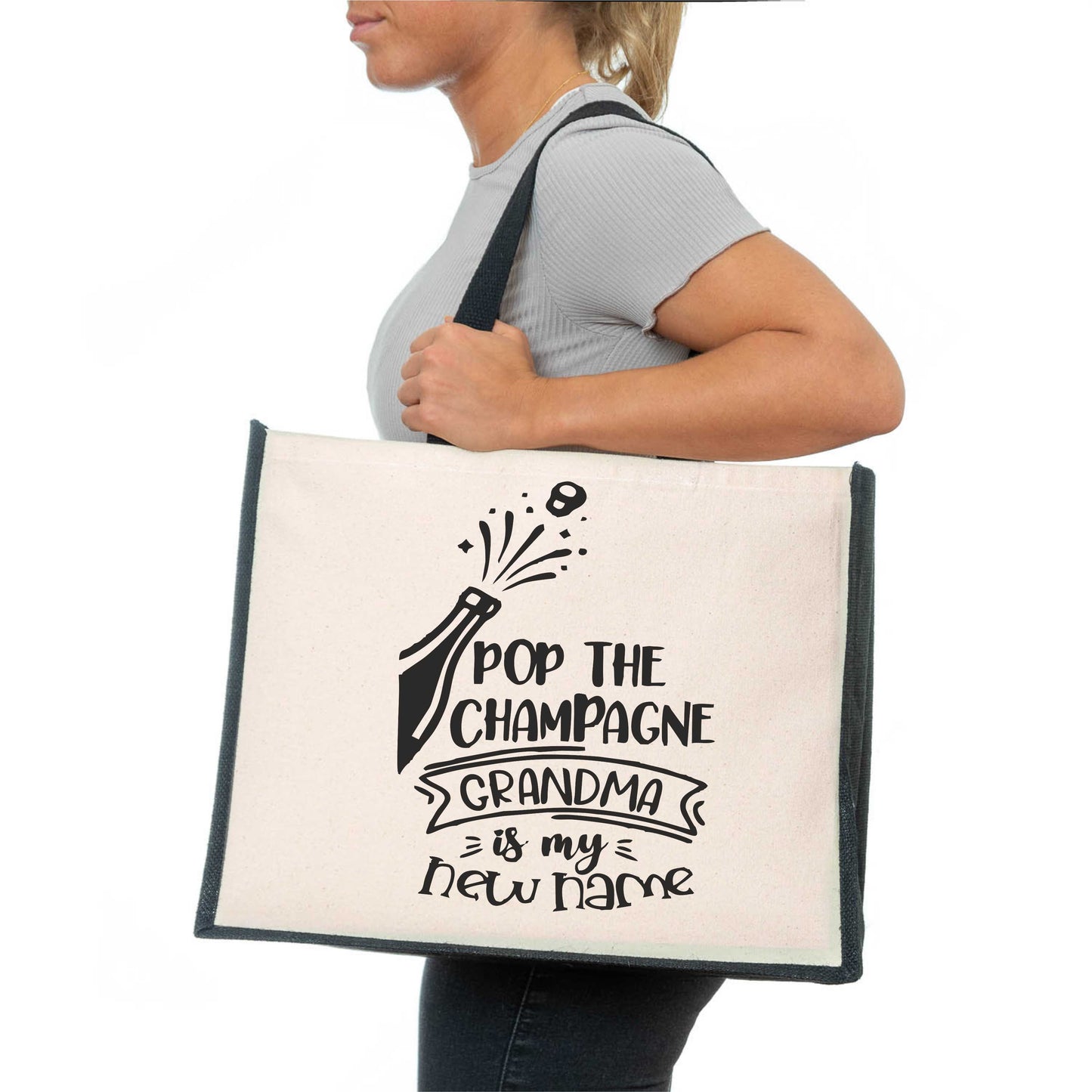 Pop The Champagne Grandma Tote Bag New Grandchild Gift Ladies Canvas Shopper