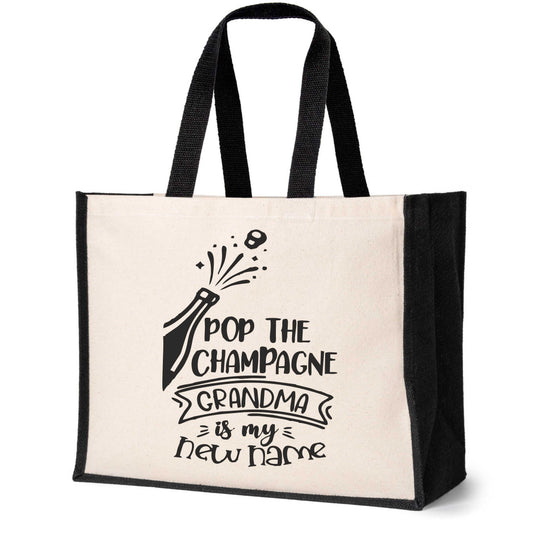 Pop The Champagne Grandma Tote Bag New Grandchild Gift Ladies Canvas Shopper