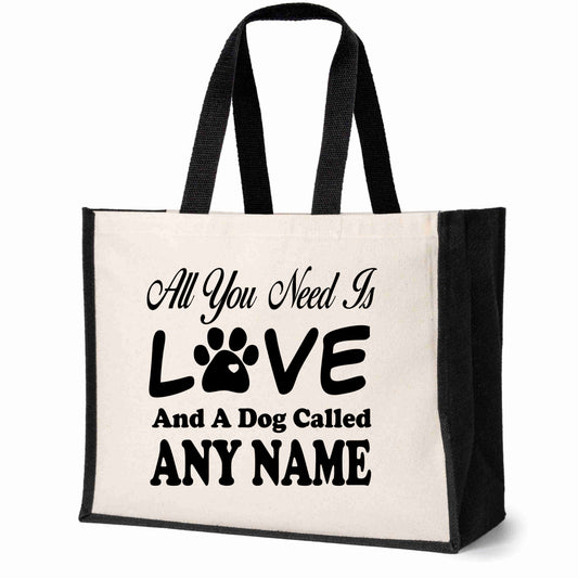 Personalised Love & Dog Tote Bag Any Name Dog lovers Ladies Canvas Shopper