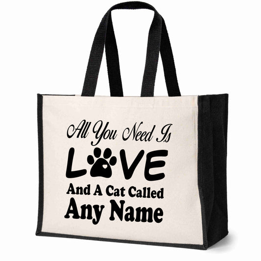 Personalised Love & A Cat Tote Bag Any Name Cat Lover Ladies Canvas Shopper
