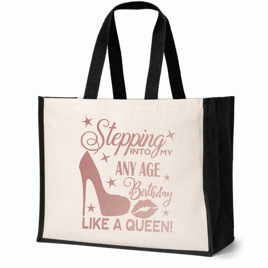Personalised Stepping Into Birthday Tote Bag Any Age Ladies Canvas Shopper