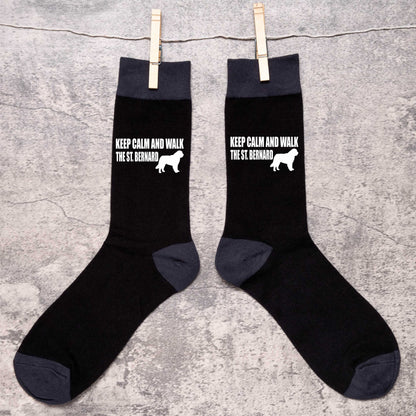 Keep Calm & Walk Saint Bernard Men's Novelty Socks Black Dog Lovers Gift