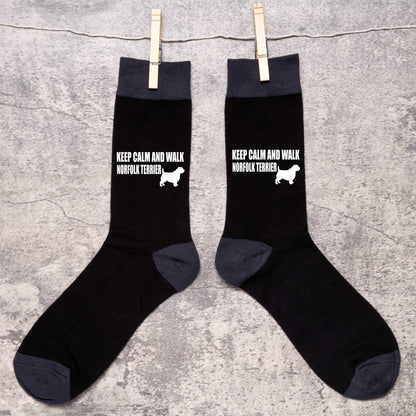 Keep Calm & Walk Norfolk Terrier Men's Novelty Socks Black Dog Lovers Gift