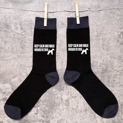 Keep Calm & Walk Wirefox Terrier Men's Novelty Socks Black Dog Lovers Gift