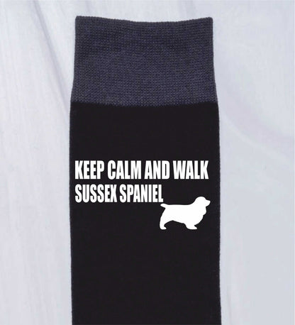 Keep Calm & Walk Sussex Spaniel Men's Novelty Socks Black Dog Lovers Gift