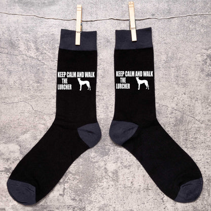 Keep Calm & Walk The Lurcher Men's Novelty Socks Black Dog Lovers Gift