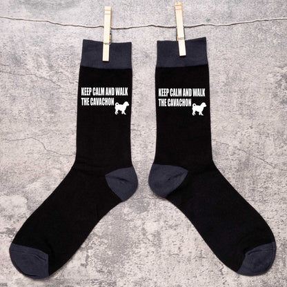 Keep Calm & Walk Cavachon Men's Black Novelty Socks Dog Lover Gift