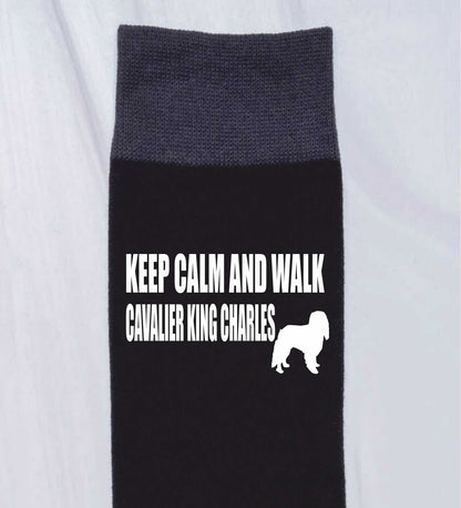 Keep Calm & Walk King Charles Cavalier Men's Black Novelty Socks Dog Lover Gift