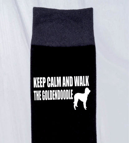 Keep Calm & Walk Goldendoodle Men's Black Novelty Socks Dog Lover Gift
