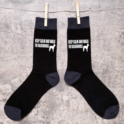 Keep Calm & Walk Goldendoodle Men's Black Novelty Socks Dog Lover Gift