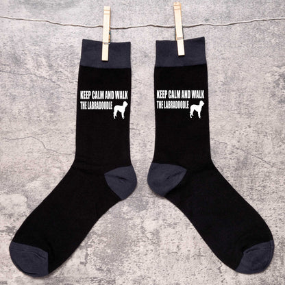 Keep Calm & Walk The Labradoodle Men's Black Novelty Socks Dog Lover Gift