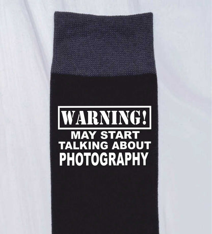 Warning May Talk About Photography Men's Black Novelty Socks Birthday Gift