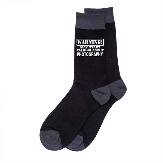 Warning May Talk About Photography Men's Black Novelty Socks Birthday Gift