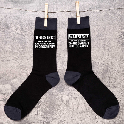 Warning May Talk About Photography Men's Black Novelty Socks Birthday Gift