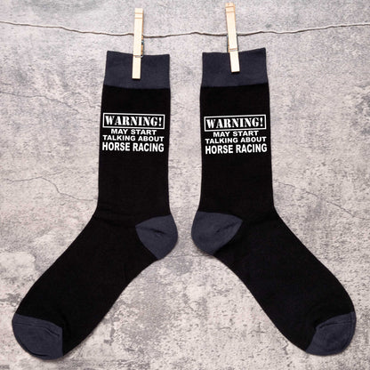 Warning May Talk About Horse Racing Men's Black Novelty Socks Birthday Gift