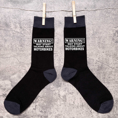 Warning May Talk About Motorbikes Men's Black Novelty Socks Birthday Gift