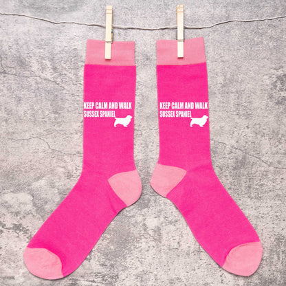 Keep Calm & Walk Sussex Spaniel Ladies Novelty Socks Pink Dog Lovers Gift