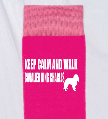 Keep Calm & Walk King Charles Cavalier Ladies Pink Novelty Socks Dog Lover Gift