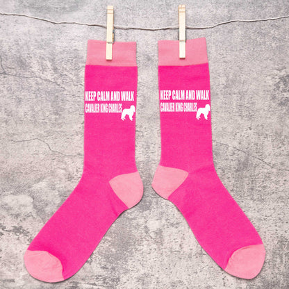Keep Calm & Walk King Charles Cavalier Ladies Pink Novelty Socks Dog Lover Gift