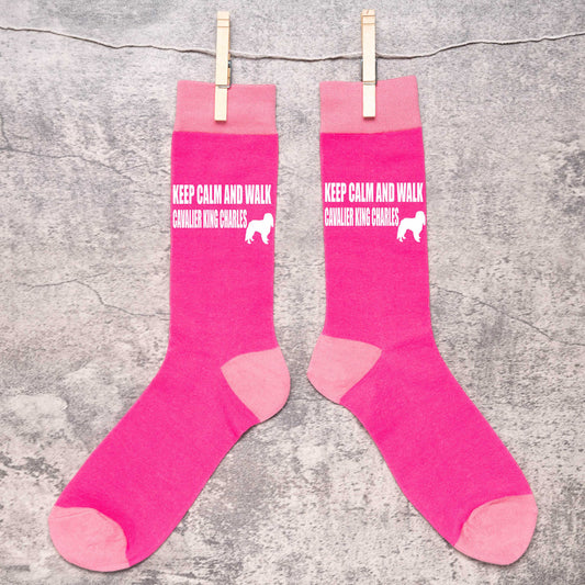 Keep Calm & Walk King Charles Cavalier Ladies Pink Novelty Socks Dog Lover Gift