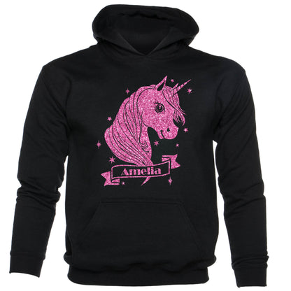 Kids Personalised Hoodie Unicorn Any Name Birthday Gift Amelia In Pink Glitter