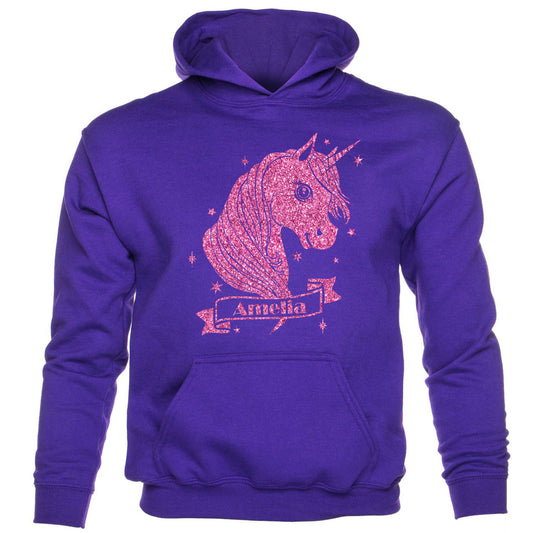 Kids Personalised Hoodie Unicorn Any Name Birthday Gift Amelia In Pink Glitter