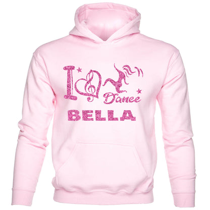 Girls I Love Dance Customised Hoodie Bella In Pink Glitter Ballet Dance Class