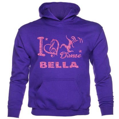 Girls I Love Dance Customised Hoodie Bella In Pink Glitter Ballet Dance Class