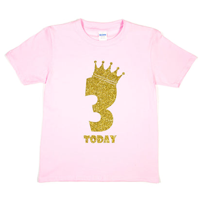 Kids Three Today Birthday T-shirt In Gold Glitter Happy 3rd