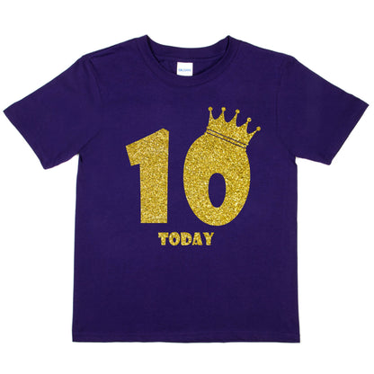 Kids Ten Today Birthday T-shirt In Gold Glitter Happy 10th