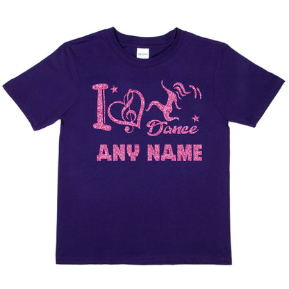 Kids Personalised T-Shirt I Love Dance Any Name Great For Dance Schools