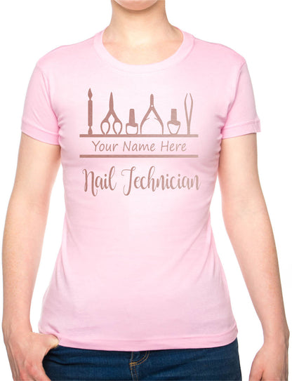 Personalised Ladies T-Shirt Nail Technician Your Name Work Tee For Nail Beauty