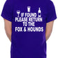 Custom Mens T-Shirt If Found Return To Fox & Hounds Pub Choose Your Pub Name