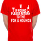 Custom Mens T-Shirt If Found Return To Fox & Hounds Pub Choose Your Pub Name