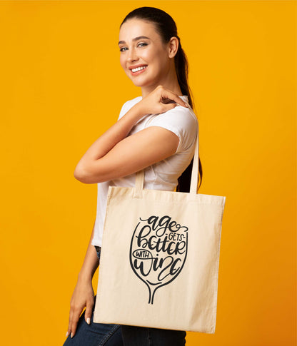 Age Gets Better With Wine Tote Bag Funny Birthday Gift Resuable Shopping Bag