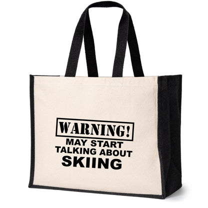 Warning May Talk About Skiing Tote Bag Skiers Gift Ladies Canvas Shopper